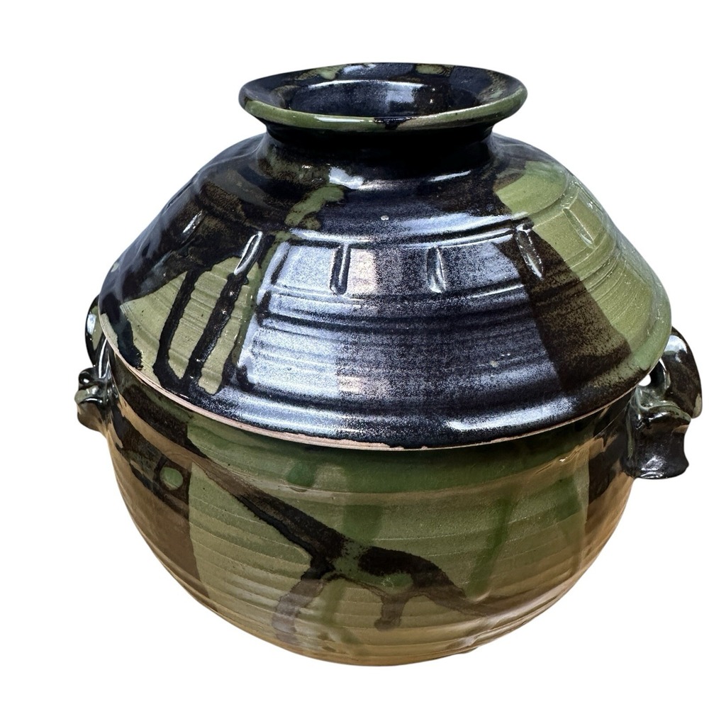 VTG 1994 Steamer 7 Inch Stoneware Pottery‎ Vegetable Steamer Rice Green Signed